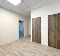 Office with wood-patterned flooring, white walls, and doors.