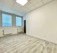 Offices with wood-patterned flooring and large windows with blinds.