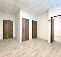 Offices with wood-patterned flooring and white walls.