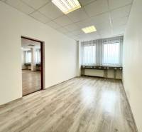 A room with white walls in offices with wood-patterned flooring.