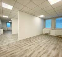 Offices with a white ceiling and a wooden decor floor, two large windows.