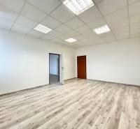 Empty office space with wood-patterned flooring and white walls.