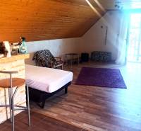 The interior of a cabin with a bar counter, bed, and wooden decor flooring.