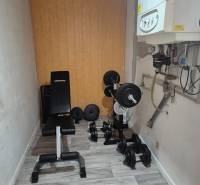 Exercise room with equipment in a 2-room apartment, floor with wooden decor.