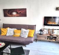 Living room in a two-room apartment with a sofa, shelf, and electric fireplace.