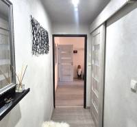 A hallway in a 2-room apartment with a wooden decor floor and a decorative mirror.