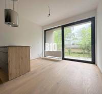 Interior of a 2-room apartment with wooden flooring and a large window overlooking the green exterior.
