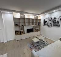 Living room in a 2-room apartment with a sofa, shelf, and floor with wooden decor.