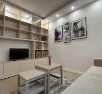 Living room in a two-room apartment with a built-in shelving unit, decorations, and a couch.