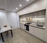 A kitchen in a 2-room apartment with a wooden decor floor, a dining table, and a kitchen unit.