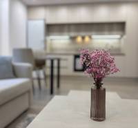Living room with kitchen and flowers on the table in a 2-room apartment.