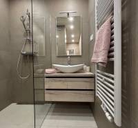 Bathroom in a 2-room apartment with a sink, shower, and a towel on the radiator.