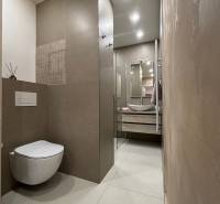 Bathroom in a 2-room apartment with a shower, sink, and wall-mounted toilet.