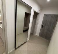 A hallway in a 2-room apartment with a large mirror, a cabinet, and tiles.