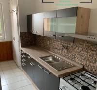 A kitchen in a 2-room apartment with dark furniture and tiled backsplash.