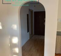 Interior of a 2-room apartment with a wood-patterned floor and an arched entrance.