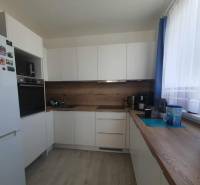 A kitchen with white cabinets, wooden decor on the floor, and a countertop in a 2-room apartment.