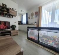 A bright living room with wood-patterned flooring and a playpen full of toys in a two-room apartment.