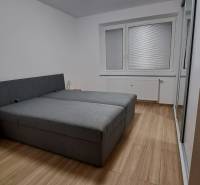 Bedroom in a 2-room apartment with a wooden decor floor and a large bed.