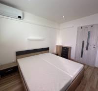 Bedroom in a 3-room apartment with air conditioning and a wooden decor floor.
