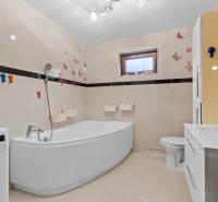 A bathroom in a family house with a bathtub, sink, washing machine, and butterfly motifs on the walls.