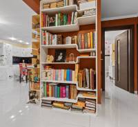Library with diverse books, white floor, and plants in a family house.
