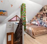 Attic room in a family house with posters, a bed, and a wooden decor floor.