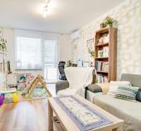 Living room in a 3-room apartment with a wooden decor floor and a play area for children.