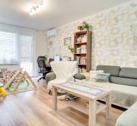 Living room in a three-room apartment with a wooden decor floor and a work corner.