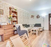 Living room in a three-room apartment with a wooden decor floor, comfortable sofa, and decorations.