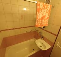 Bathroom of a two-room apartment with a shower, sink, and towel in warm shades.