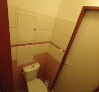 A bathroom with tiles and a door in a 2-room apartment, pink and white tiles.
