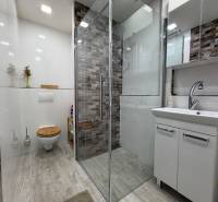 Bathroom in a 2-room apartment with a brick shower corner and a floor with a wooden decor.