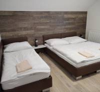 Double room in a cabin, floor with wood decor and wooden paneling.