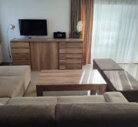 Living room of the cottage with a sofa, TV on a dresser, and a floor with a wooden decor.