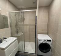 A bathroom in a 3-room apartment with a shower and a washing machine, tiled floor.