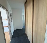 A hallway in a 3-room apartment with dark tiles and a built-in wardrobe.