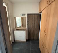 A hallway with dark tiles and a built-in wardrobe in a 3-room apartment.