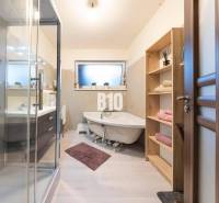 A bathroom in a family house with a bathtub, shower, and furniture with a wooden decor.