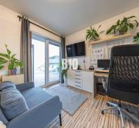 Office in a family house with a sofa, desk, television, and plants.