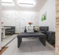 Interior of a family house with a seating area, mirrored wall, and decorative cladding.