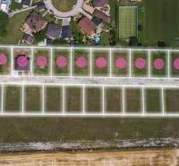 Aerial view of residential plots in the village of Horné Štitáre, with planned parceling.