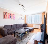 Living room in a three-room apartment with a wooden decor floor, brown furniture, and decorations.