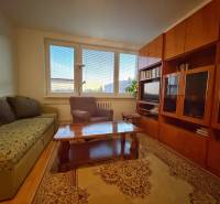 Living room with a sofa, armchair, wooden furniture, and a floor with a wooden decor in a 3-room apartment.