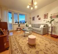 Living room in a 3-room apartment with a sofa, carpet, and plants, wooden decor flooring.