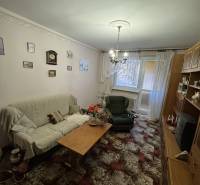 Living room in a 3-room apartment with a carpet, sofa, and wooden furniture.