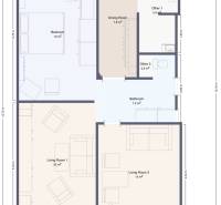 Floor plan of a 3-room apartment with a living room, bedroom, and dining room.