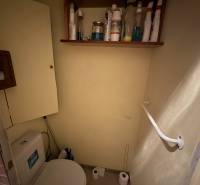Bathroom with a toilet and a shelf for cleaning products in a 3-room apartment.