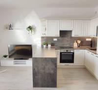 Living room with a kitchenette, light wooden-patterned floor in a 2-room apartment.