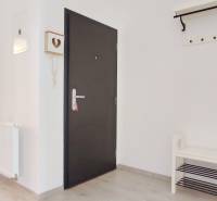 An entrance hallway with light walls and a wooden decor floor leads to the bedroom.